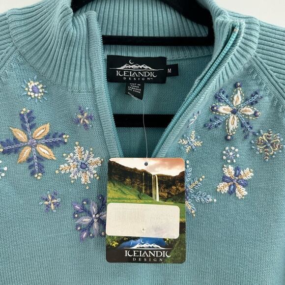 NEW Icelandic Design 100% Wool Blue Quarter Zip Pullover Embroidered Sweater - Picture 2 of 6
